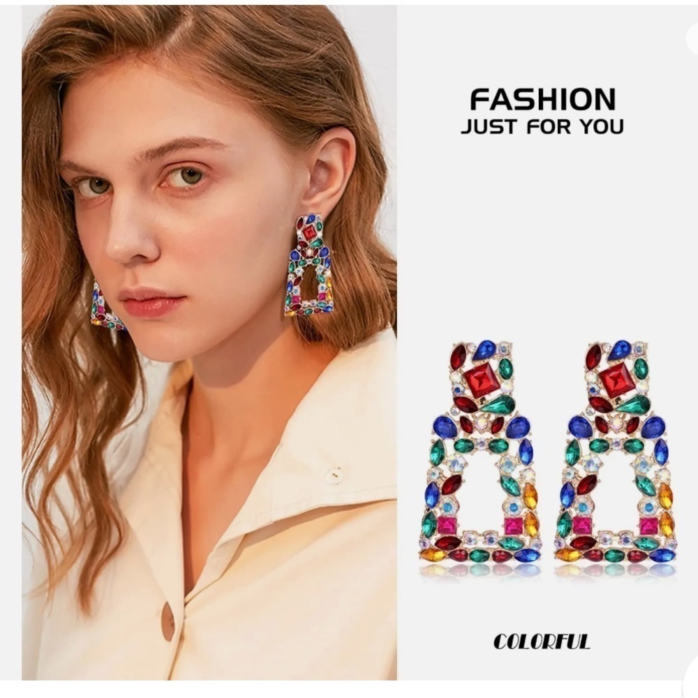 COLORFUL Statement Rhinestone Rectangle Dangle Clip On Earrings. P/A